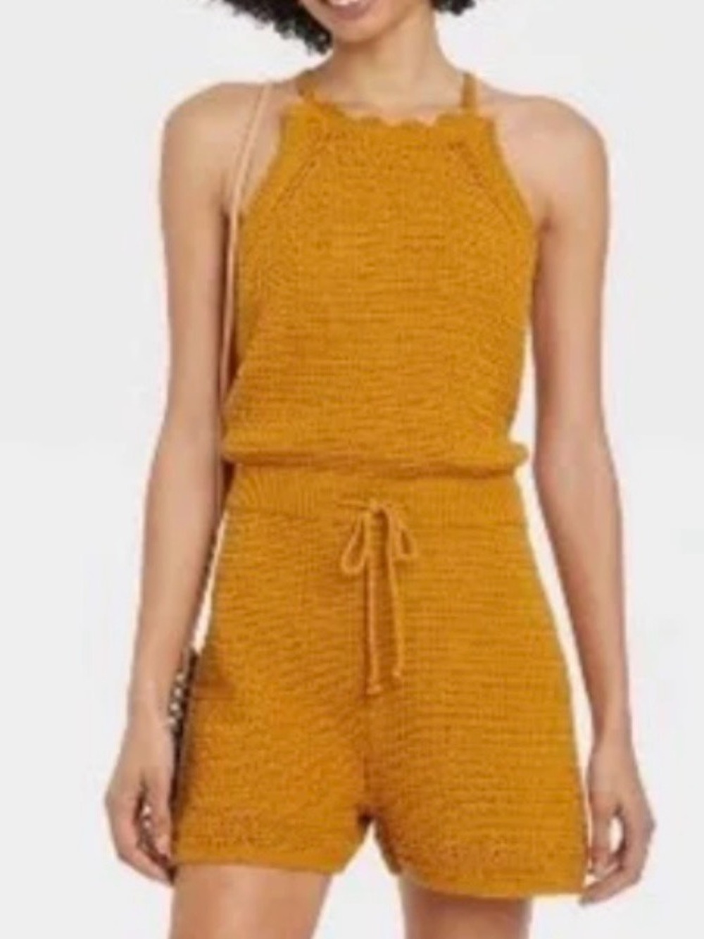 Universal Thread Romper Womens M Mustard Crochet Halter Drawstring Festival Boho - Picture 2 of 10